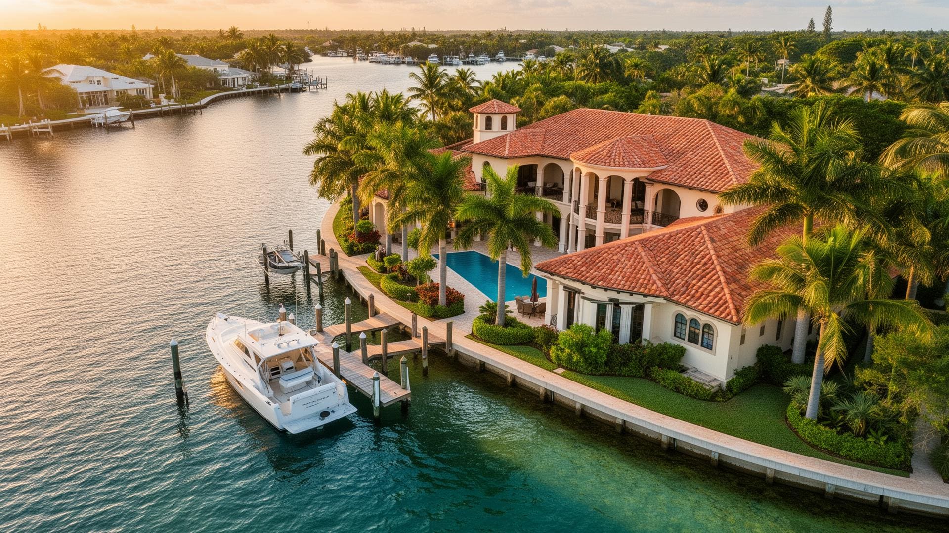 Aerial view of a luxury waterfront custom home in Naples, Florida built by Titan Builder & Renovation